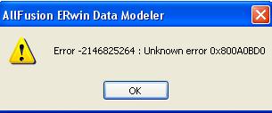 MS Access sukurtą tuščią bazę, į kurią turės būti perkeltas ERWIN sudarytas duomenų modelis, reikia uždaryti (užverti), nes pasirodys klaidos pranešimas, kuris nurodytas 2.24 pav.