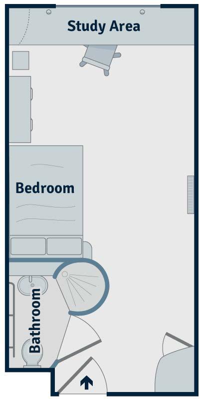 Your en-suite comes with: Large carpeted living space with arm chair TV shelf with drawers storage En-suite bathroom with shower unit Double bed