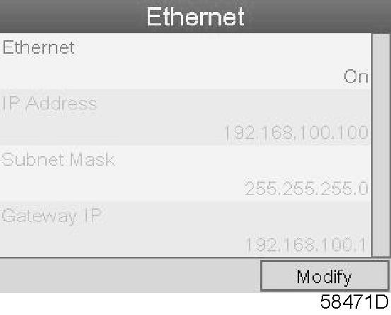 Screen for Ethernet settings. Press the Enter button; a selection bar is covering the first item (Ethernet). Using the Scroll keys, move the cursor to the setting to be modified (e.g. Ethernet) and press the Enter button (2).