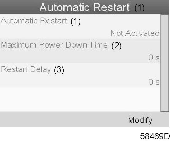 Text on figure (1) Automatic restart (2) Maximum power down time (3) Restart delay The screen shows the list of all settings.