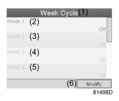 For each week in the cycle, one of the four programmed week schemes can be chosen. Select Week Cycle from the main Week Timer menu list.