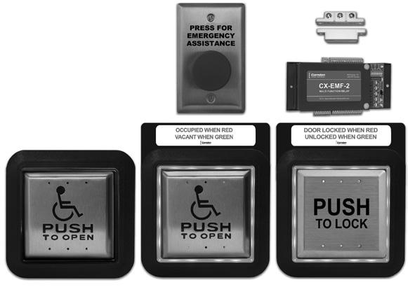 SURFACE 4 ½ ILLUMINATED WHEELCHAIR & PUSH TO OPEN PUSH PLATE SWITCH WITH SIGN - CM-45/4 4 ½ SQUARE PUSH TO OPEN PUSH PLATE SWITCH - CM-54CBL SURFACE SQUARE BOX FOR CM-45/4 - CM-450R/12 PRESS FOR