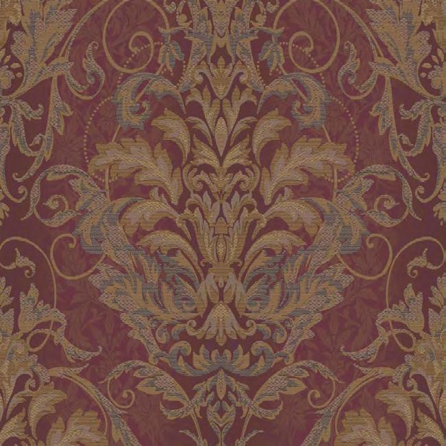 This tasteful large scale wallpaper begins with a solid background, has a raised Jacobean floral silhouette for the middle design, and is topped with curving and coiling acanthus leaves.