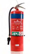 Powder fire extinguisher (ABE) Description: White band Foam fire extinguisher Description: Blue band What it does: Shoots powder, which helps take away the fuel source.