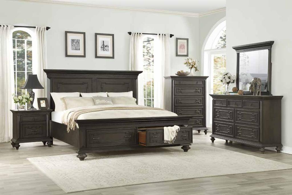 Sawtooth molding provides distinct accent to the top drawer fronts, mirror and bed framing.