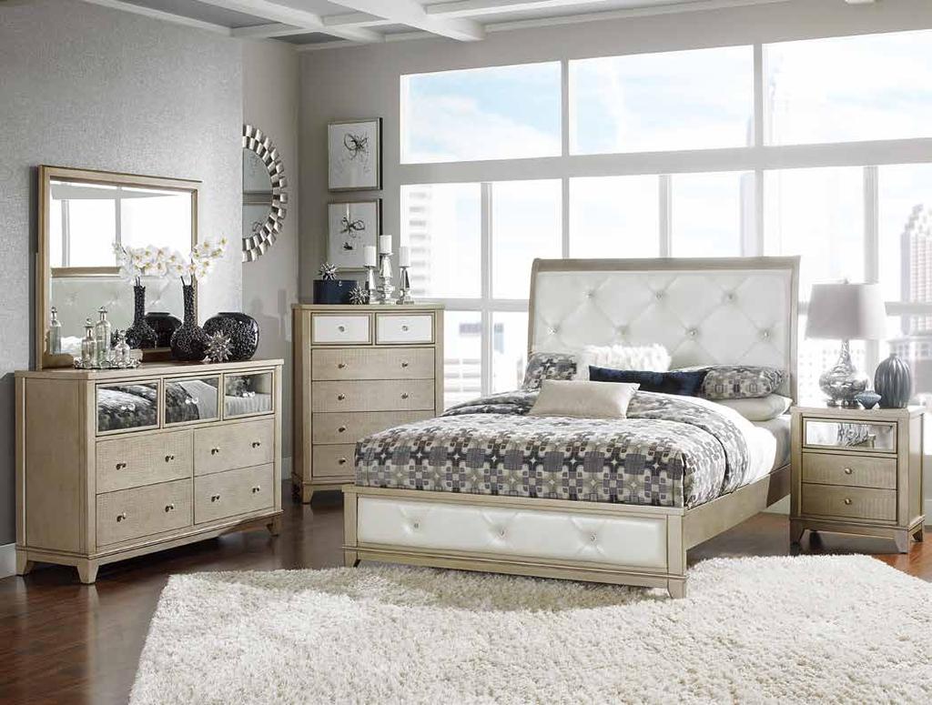 with their faceted knob hardware and crystal-embellished button-tufted pearl bi-cast vinyl inserts on the headboard and footboard.