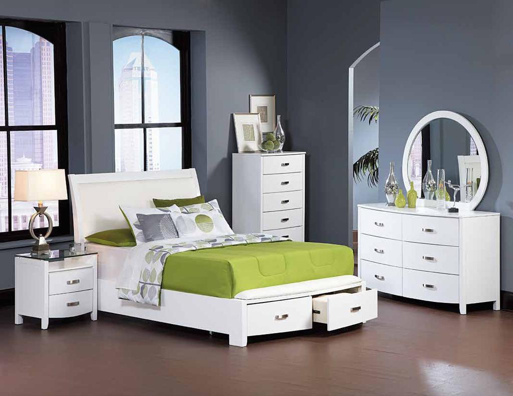 The headboard features a white bicast vinyl padded insert that is flanked by flat panel framing. Each case piece is highlighted with elongated, chrome-finished hardware.