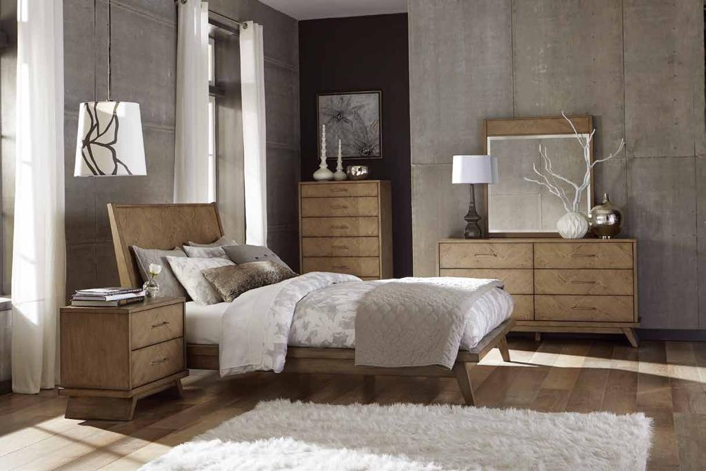 A brown oak finish captures the natural grain pattern of the white oak veneer, lending a unique look to this contemporary bedroom group. 1743-1 Queen Platform Bed HB: 47.25H FB: 11.