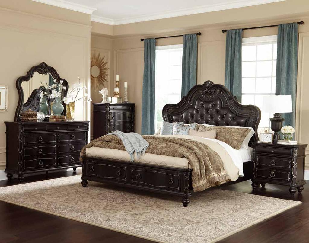 The substantial wood framing of the bed creates a distinct serpentine profile that carries into the design of the case pieces.