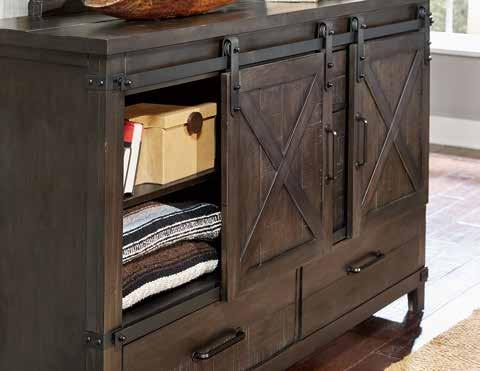 Functional barn door glides on the dresser front allow for ease of access to behind door storage.
