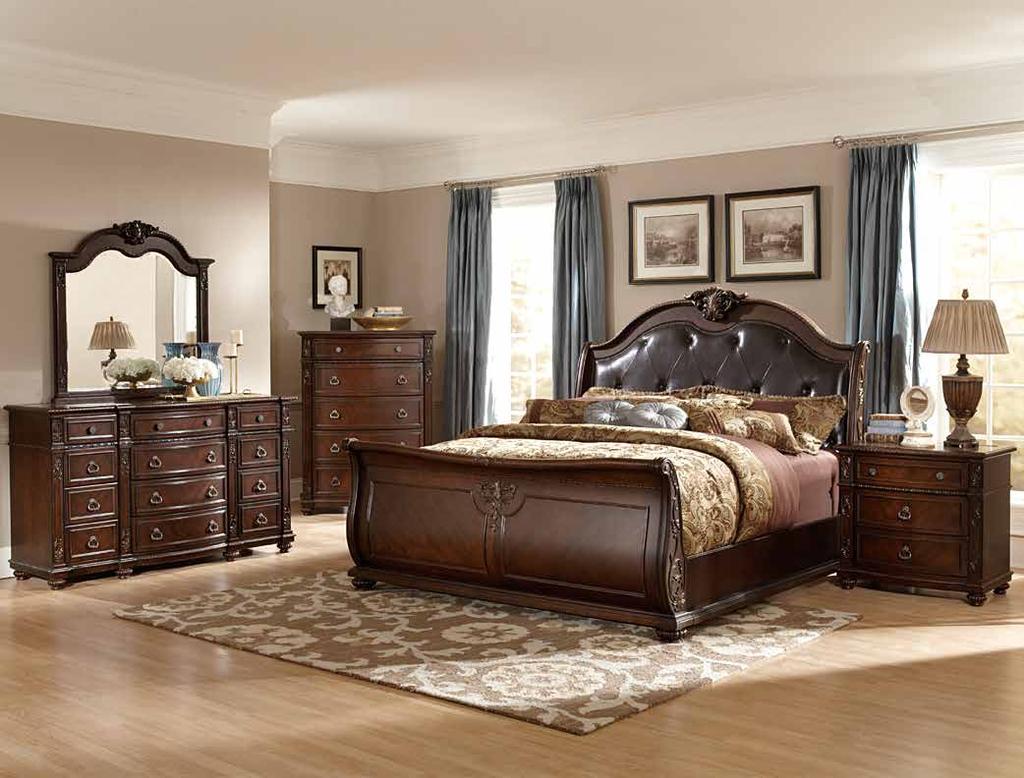 The grand sleigh bed features a bi-cast vinyl, button-tufted headboard insert. Each of the collection s beautiful detail is accented by the dark cherry finish on birch veneers with gold highlights.