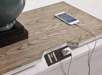 Modern technology comes into play with the power strip with USB port charging station that is mounted to the upper back of the night stand.