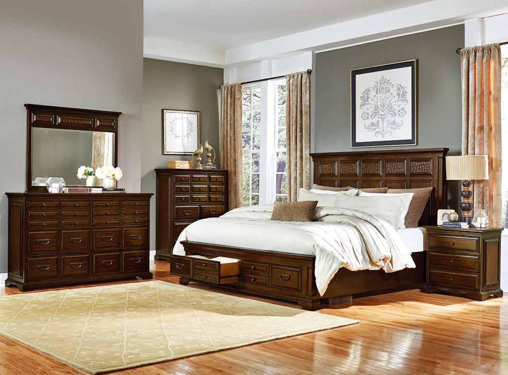 The French provincial inspired routing lends decorative touch to each piece, while dual drawer and door storage are accented with wide set horizontal metal and wood hardware providing ample space to