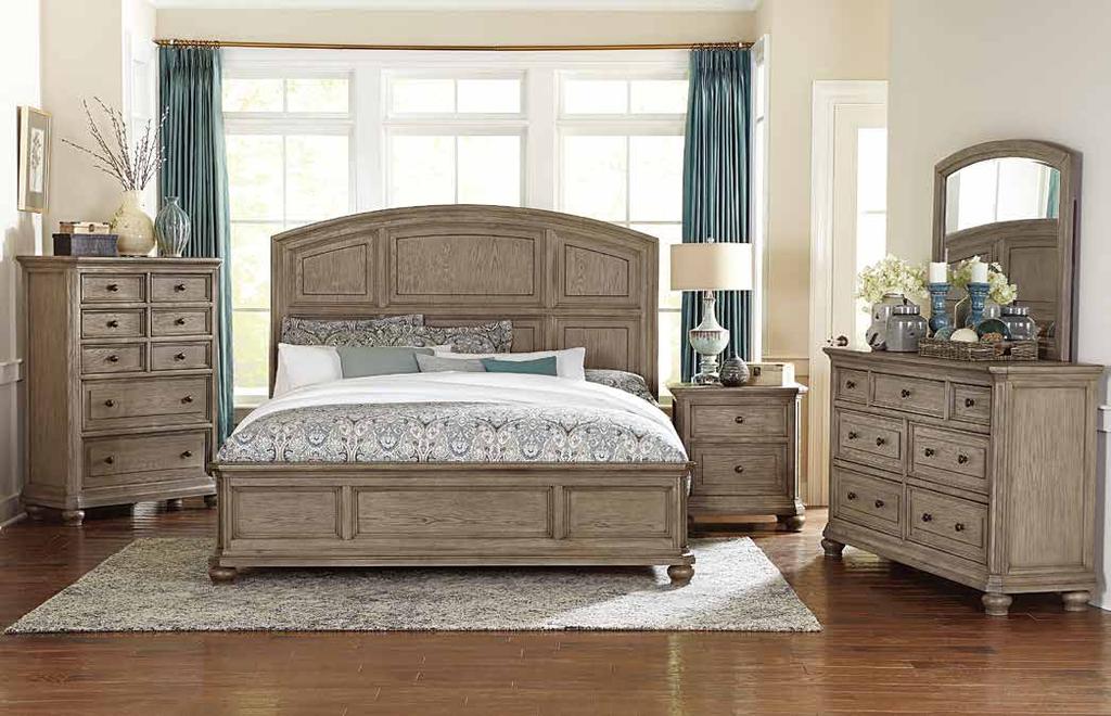 The framing of each headboard carries over to the design of the footboard, as well as the mirrors. Turnedfoot supported case pieces feature recessed drawer fronts and knob hardware.