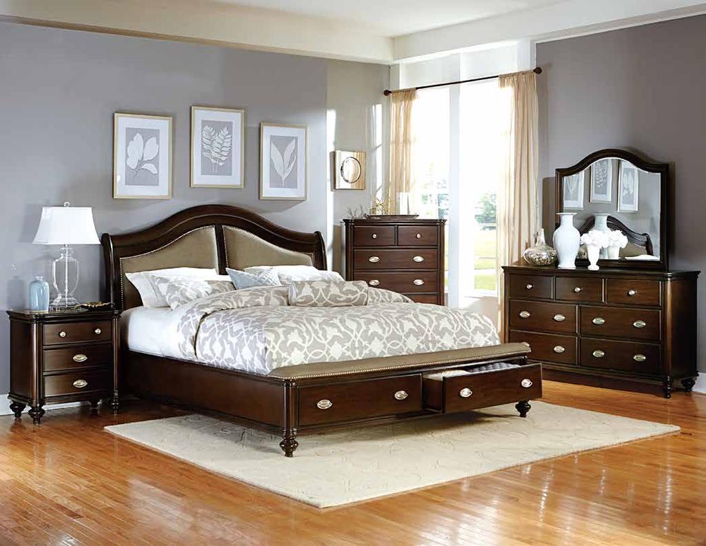 Dark brown bi-cast vinyl padded inserts on the headboard feature nailhead accent, while the drawer unit of the footboard provides additional storage space.