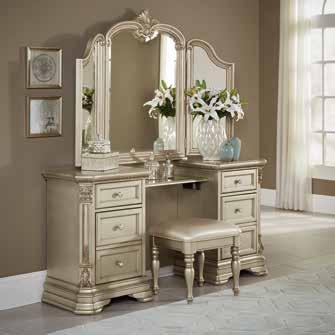 Canted pilasters, marble tops, sunburst medallion, and classic button and bale hardware further accent the case goods.