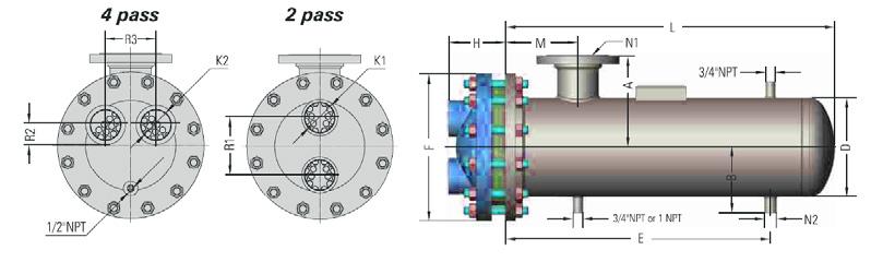 SHELL AND TUBE - HEAT EXCHANGERS Typical S Dimensions NEW GENERATION Model # Cast Iron Heads (in) Dimensions (in) 2 Pass 4 Pass 2 Pass 4 Pass 2 Pass and 4 Pass 4 inch R1 K1 FNTP R3 K2 R2 H D F M E B