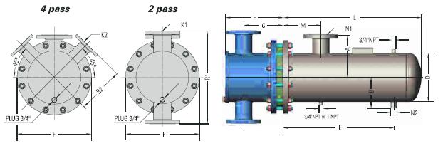 SHELL AND TUBE - HEAT EXCHANGERS Typical S Dimensions NEW GENERATION Model # Heads (in) Dimensions (in) 2 Pass 4 Pass 2 Pass 4 Pass 2 Pass and 4 Pass S122121 12 inch R1 K1 FNTP R2 K2 C H D F M E B A