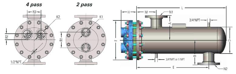 SHELL AND TUBE - HEAT EXCHANGERS Typical W Dimensions NEW GENERATION 31 Model # Cast Iron Heads (in) Dimensions (in) 2 Pass 4 Pass 2 Pass 4 Pass 2 Pass and 4 Pass 4 inch R1 K1 FNTP R3 K2 R2 H D F M E
