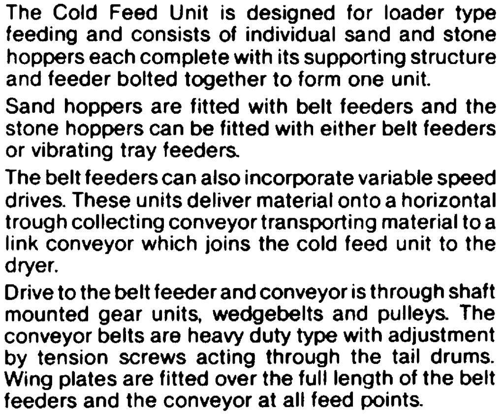 I~~~a~~i~~~ The Cold Feed Unit is designed for loader type feeding and consists of Individual sand and stone hoppers each complete with its supporting structure and feeder
