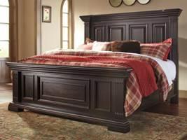 Traditional lodge inspired bedroom made with hardwood solids and birch veneers in a transparent dark coffee finish Mansion panel bed has raised panels with overlay moldings Fully tufted