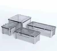This also means greater flexibility and utilization of space, both when loading a sterilizer and during storage and transport. The lid is made of electro polished stainless steel.