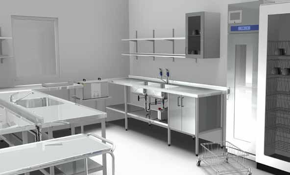 Getinge SMART open distribution trolley, DTO single 3. Stainless steel worktable. Manual trolley washer.