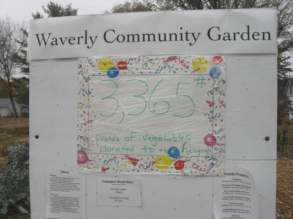 3427 POUNDS GROWN AND DONATED WAVERLY AREA CHURCH MEAL SITES (1648#) AND THE NORTHEAST IOWA FOOD BANK (1779#) SHARED OUR PRODUCE WITH THEIR