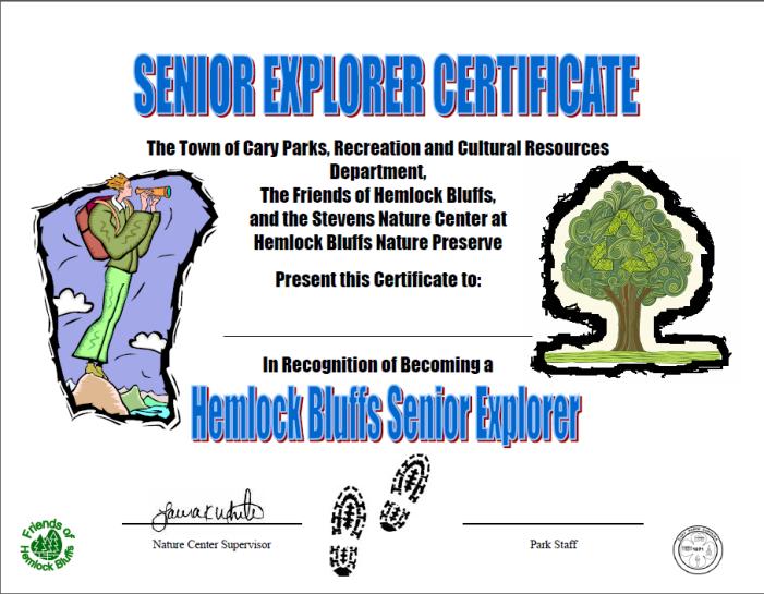 22 3 CONGRATULATIONS on completing Hemlock Bluffs Senior Explorer Program! We hope that you ve learned a lot and had fun completing the activities in this booklet. You are now a Senior Explorer!