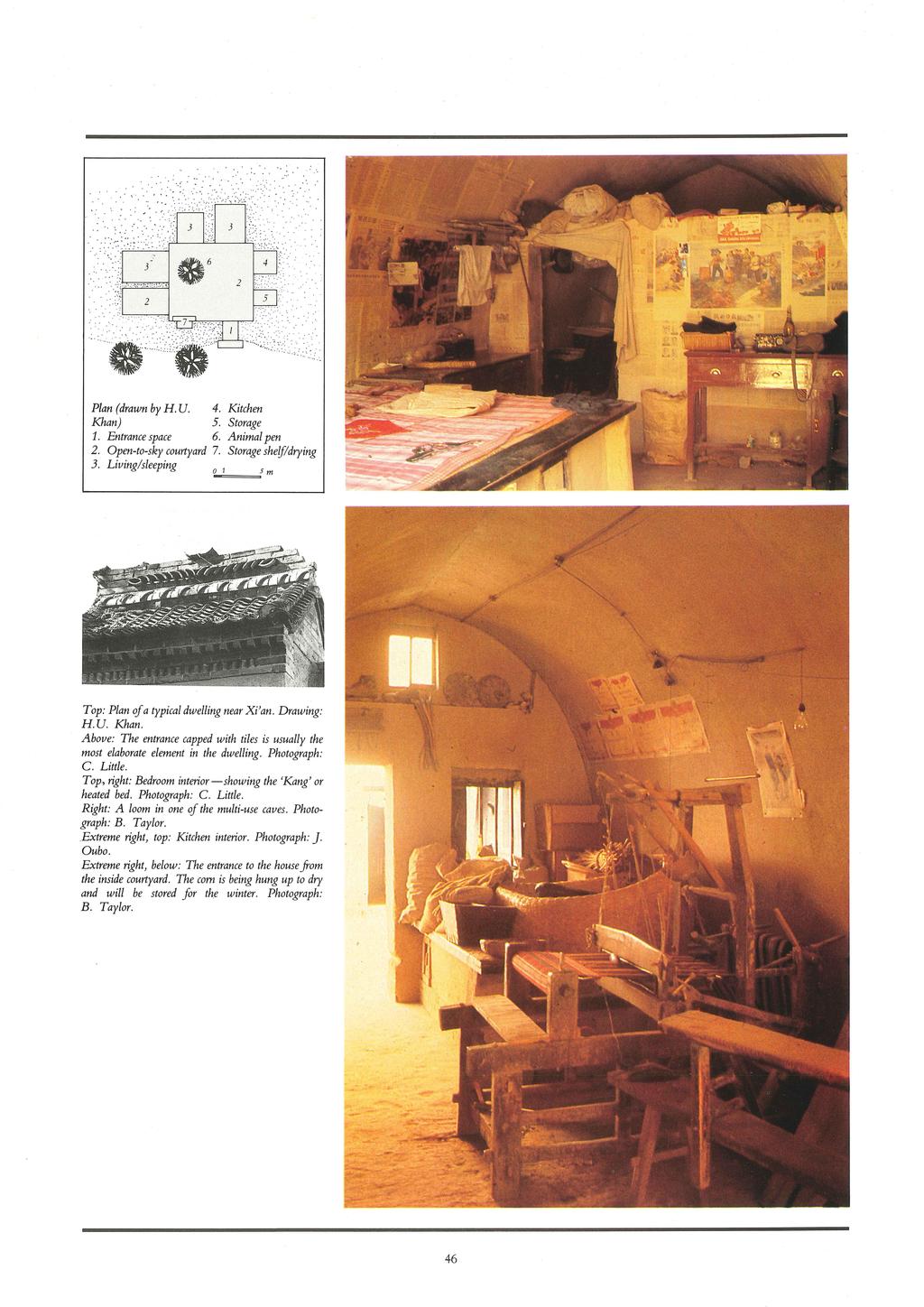 Plan (drawn by H. U. Khan) 1. Entrance space 2. Open-to-sky courtyard 3. Living/sleeping 4. 5. 6. 7. Kitchen Storage Animal pen Storage shelf/drying Top: Plan of a typical dwelling near Xi'an.