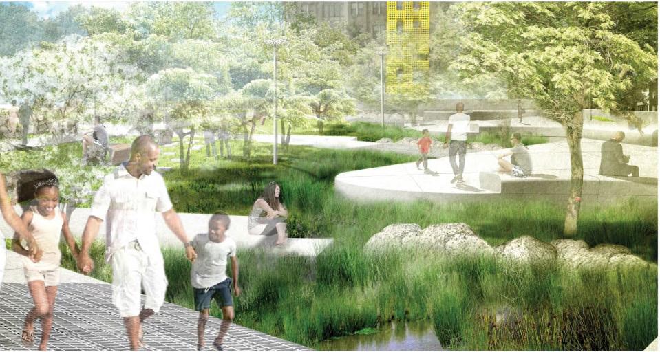 Amenities will include public art/history, a place for outdoor performances, and other urban public space amenities, such as moveable seating and game tables, along with well-designed