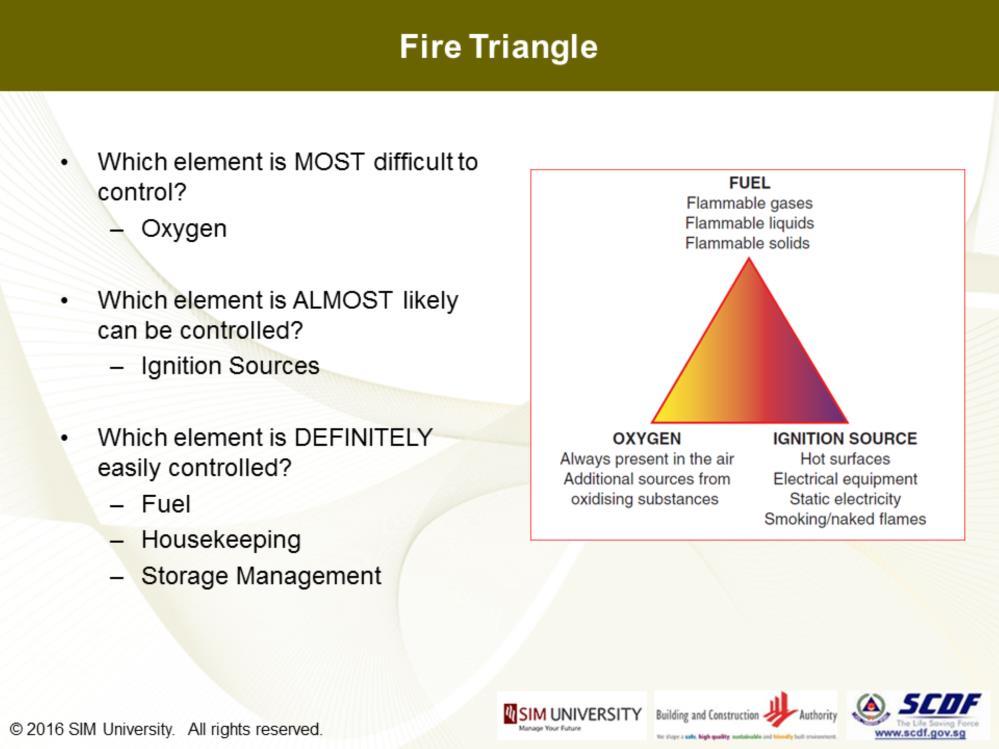 Let s begin by asking ourselves fundamental questions about the fire triangle: Q1: Amongst the 3 elements, which element is MOST difficult, if not impossible, to control?
