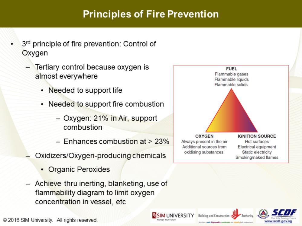 The 3 rd principle of fire prevention would be through effective control of oxygen. Again, this is something which we probable find most difficult to manage and control because oxygen is everywhere.