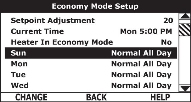 ECONOMY MODE SETTINGS Daily Operating Mode Settings ACTION DISPLAY Economy Mode All Day: From the Economy Mode Setup menu use the Up/Down buttons to select (highlight in black) the Daily sub menu for