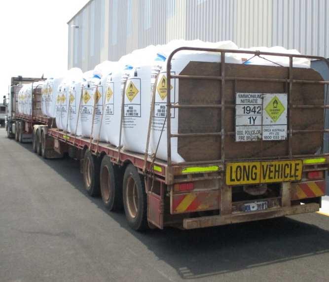 Transport of AN in WA CSBP Kwinana manufactures 810,000 T pa Yara Pilbara now manufactures AN AN imported from overseas 1 000 000 T transported in WA p/a 20 000 double road trains p/a Kwinana to