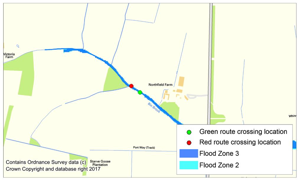To the south of Madingley Wood the routes will both cross a drainage channel (Grid Ref. 540160, 259150).
