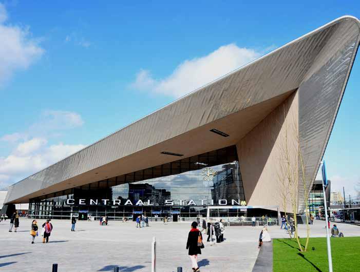 European high speed rail stations such as Rotterdam Centraal Station provide strong examples for how best to address surrounding development. Source: Wikimedia Commons crossings for pedestrians.