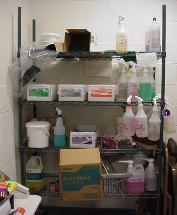In a designated chemical storage area. In correctly labeled containers. Do not: Use chemical bottles for food storage (oil, water, etc.) or food containers for chemical storage.