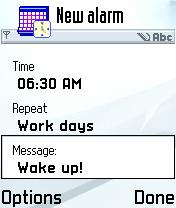 Alarm information To start using your application you need to add new alarm by selecting Options > New alarm and enter the information for your new alarm: Time This is the time for your alarm.