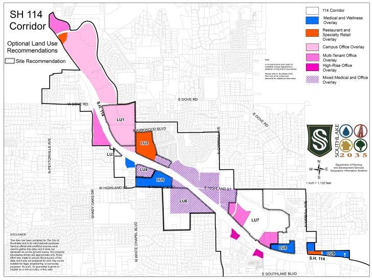 The recommended land use for this property within the Southlake 2035 SH 114 Corridor Land Use Plan (SH 114 Corridor Plan) is Office Commercial, which is consistent with the existing future land use.