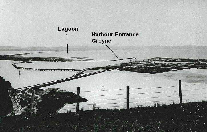 Figure Five Ahuriri and Western Spit 1880 showing mole at entrance to harbour and footbridge