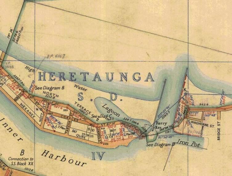 Figure Six Part DP 1066 dated 1889 showing lagoon at the end of the Western Spit, ferry reserve and groynes at the entrance to the Inner Harbour At the beginning of the twentieth century plans were