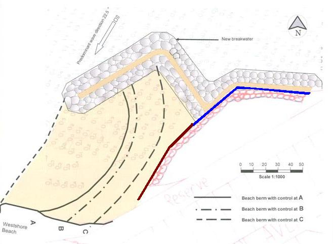 Figure Twelve Shows blue line area to be affected and brown line area wooden posts will remain (image supplied Napier City Council) Historic research suggests that the sea wall feature may not