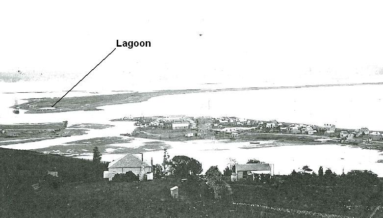 Figure Four 1868 photo of Ahuriri and Western Spit from Napier Hill, looking north west.