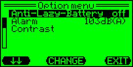 AIR - AutoCal with fresh air GAS - AutoCal with test gas EXIT - Back to main menu Options Within Options you can adjust Anti-Lazy battery syndrome The buzzer volume (90 db or 103 db) The screen