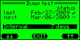 Bump Test The date of the next bump test can be entered under the Bump Test menu. When the date arrives, the G460 will automatically sound an alarm.