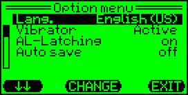 Options In the Options menu point, the language can be changed, the vibrating alarm can be activated or deactivated and the latching and auto save features can be turned on or off.