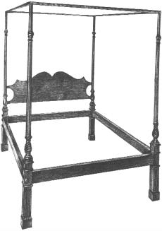 Chippendale Bed 123 c. 1760-1780 pictured in full dress with optional spiral carved vases, fluted posts, applied moldings, 4 1/4 rails and four-piece tester.