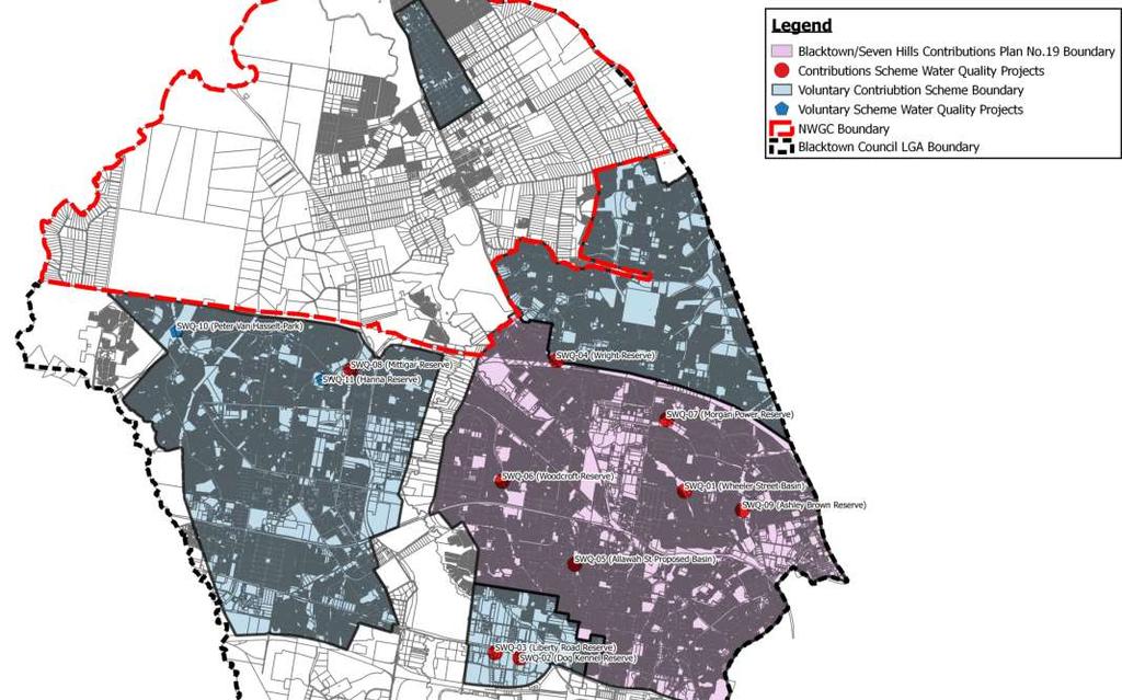 Not in NWGC 11 precinct scale stormwater treatment projects proposed across the LGA Blue area voluntary planning area to