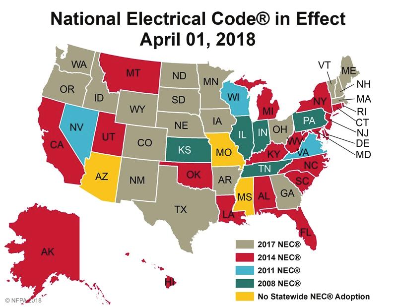 Where AFCIs and GFCIs are required. States or jurisdictions within the state determine which edition of the National Electrical Code (NEC) to enforce.